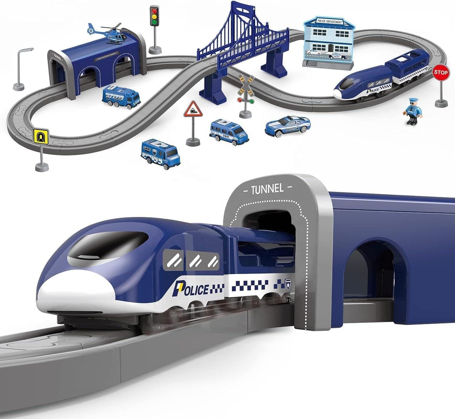 Circuit tren electric POLITIE cu accesorii - 66 piese DIY 3+