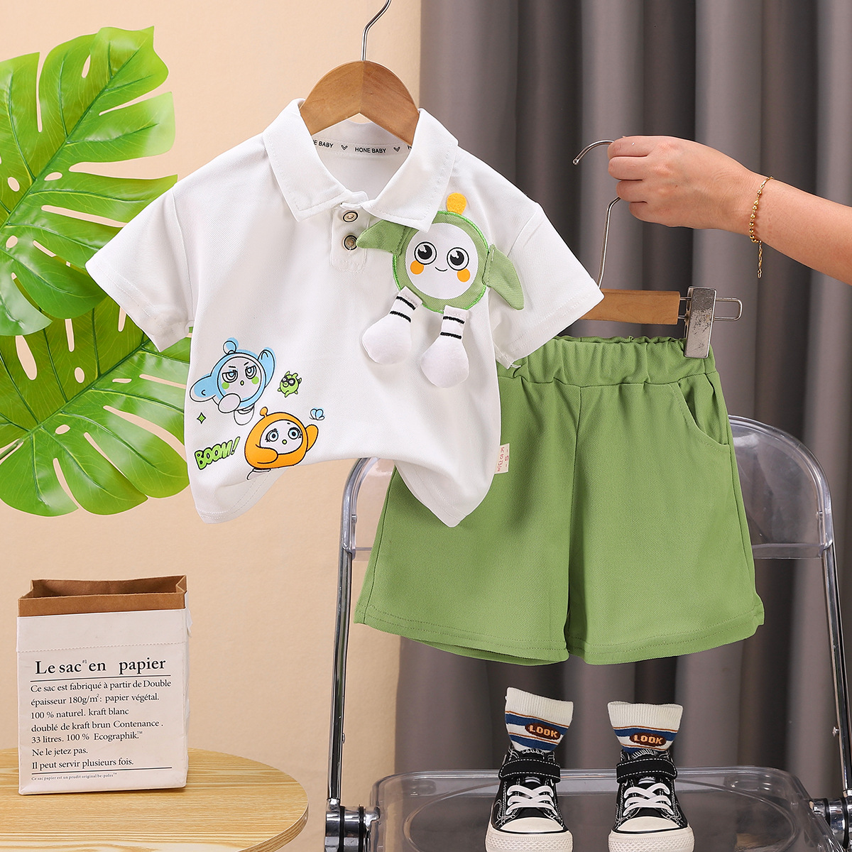 Compleu 2 Piese Băieți Tricou Alb și Pantaloni Scurți Carol - 12-18 luni - poza 2