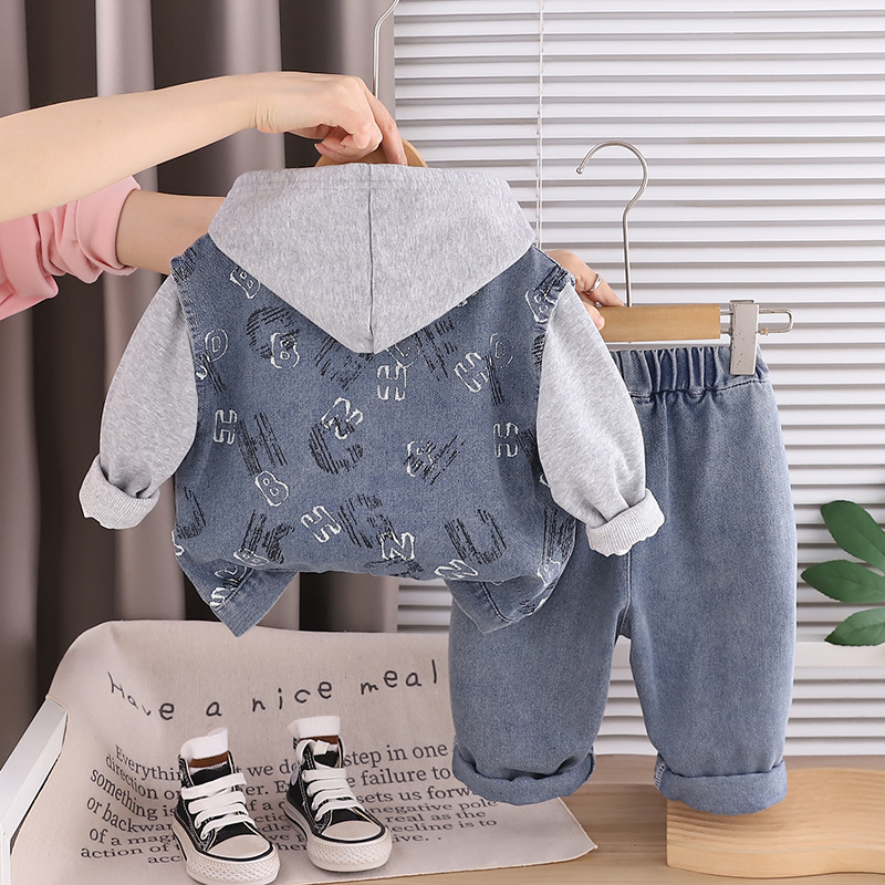 Compleu Băieți 3 Piese Gri – Vestă Denim, Hanorac și Blugi - 2-3 ani - poza 2