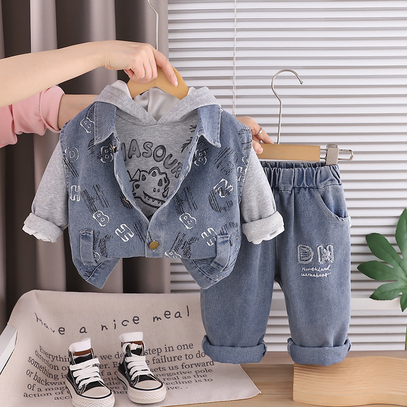 Compleu Băieți 3 Piese Gri – Vestă Denim, Hanorac și Blugi - 3-4 ani - poza 1
