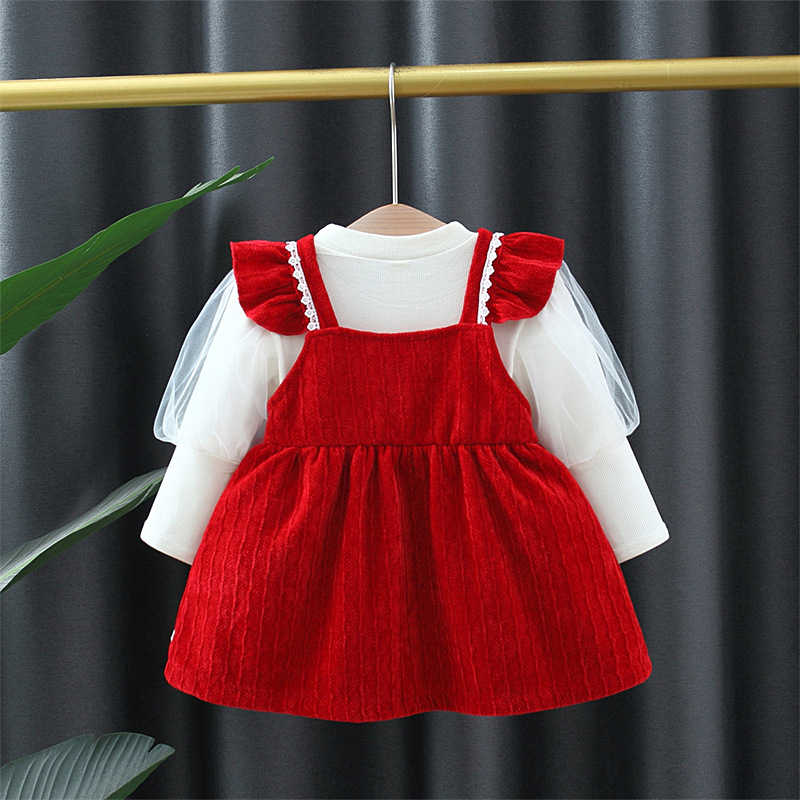 Compleu Bluza Alba si Sarafan Rosu Adina - 9-12 luni - poza 2