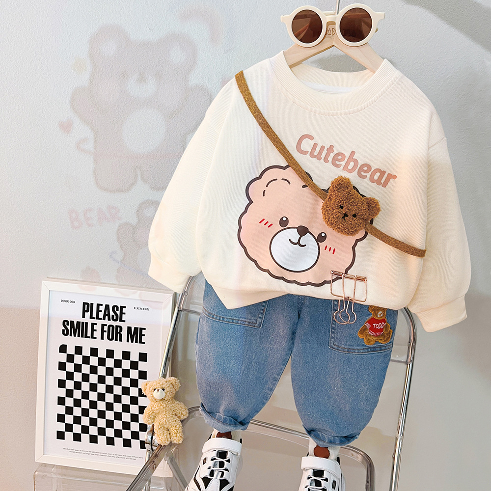 Compleu Bluza Crem si Pantaloni Albastri Cute Bear - 18-24 luni - poza 1