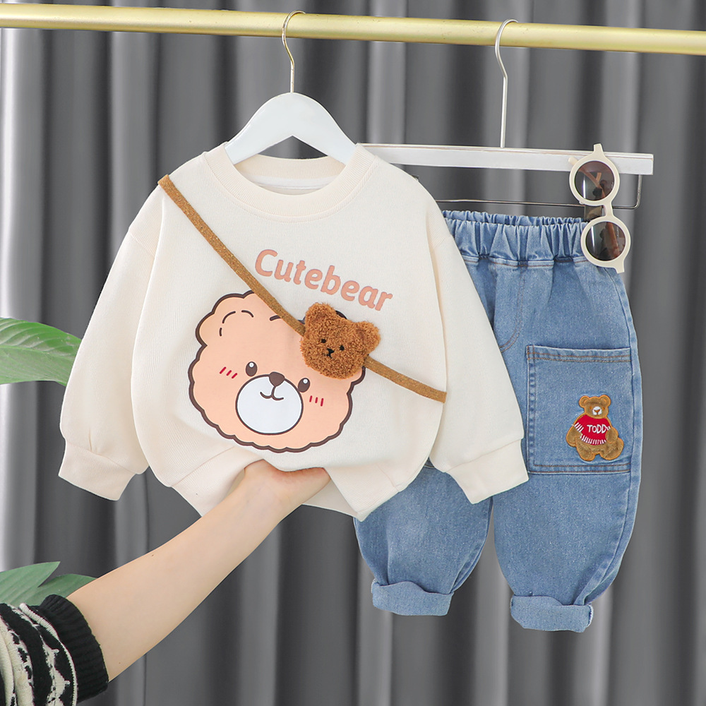 Compleu Bluza Crem si Pantaloni Albastri Cute Bear - 2-3 ani - poza 2