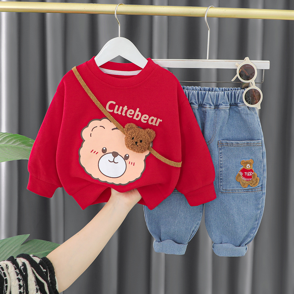 Compleu Bluza Rosie si Pantaloni Albastri Cute Bear - 9-12 luni - poza 1