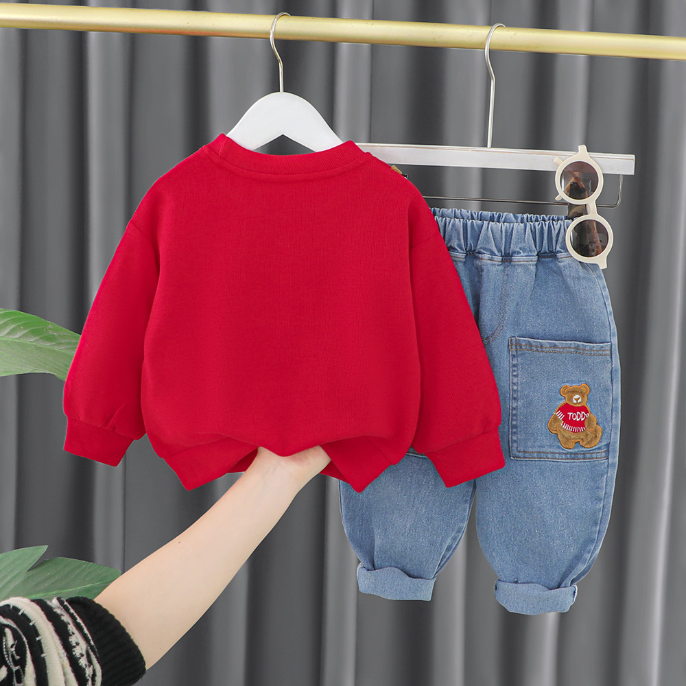 Compleu Bluza Rosie si Pantaloni Albastri Cute Bear - 9-12 luni - poza 2