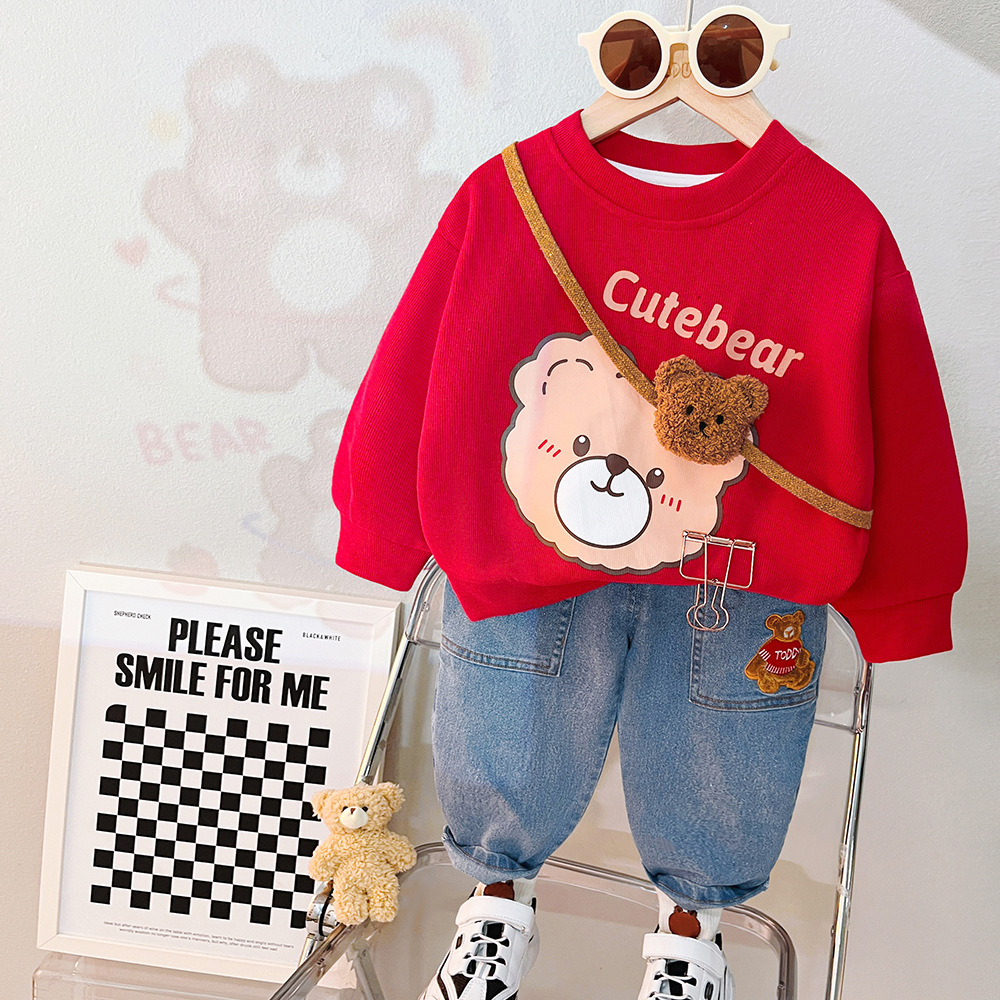 Compleu Bluza Rosie si Pantaloni Albastri Cute Bear - 9-12 luni - poza 3