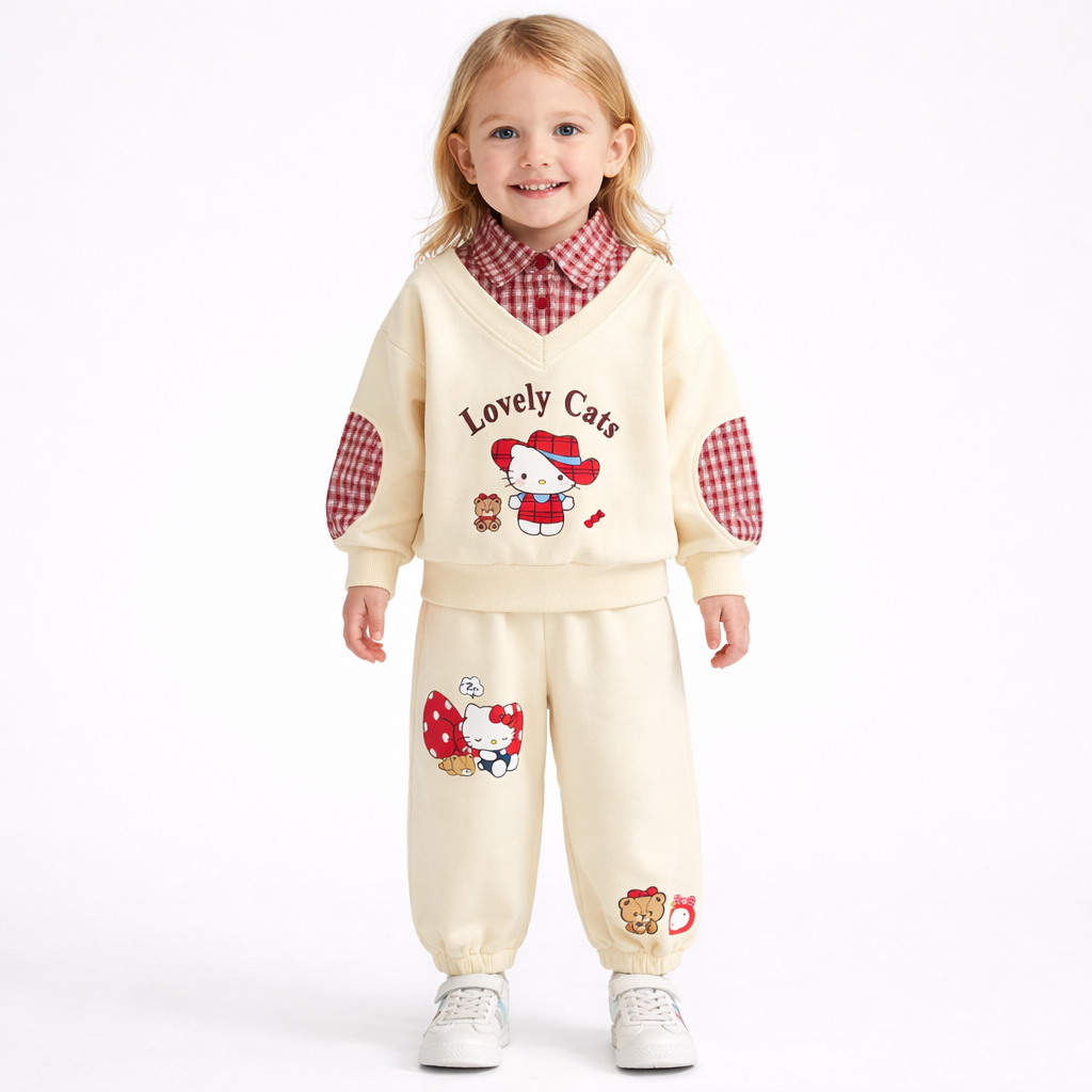Compleu Crem Fetițe Bluză Roșie și Pantaloni cu Hello Kitty - 4-5 ani