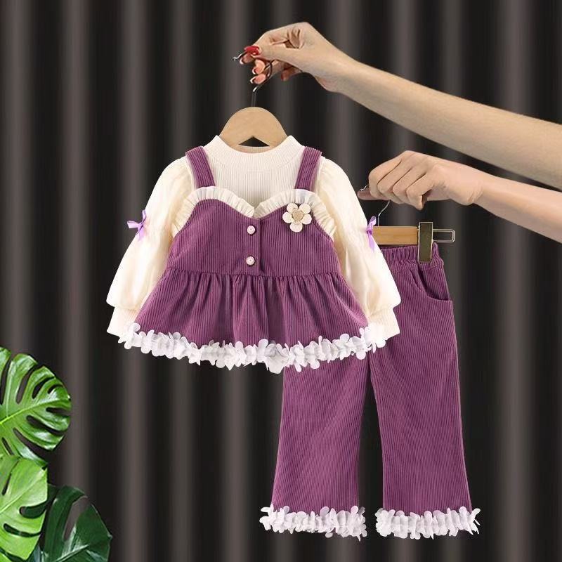 Compleu Fetite 3 Piese din Velvet Raiat Mov - 2-3 ani - poza 2