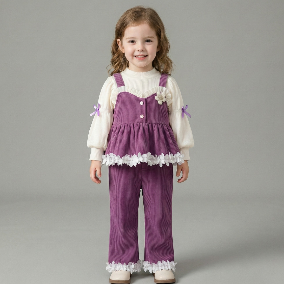 Compleu Fetite 3 Piese din Velvet Raiat Mov - 5-6 ani - poza 1
