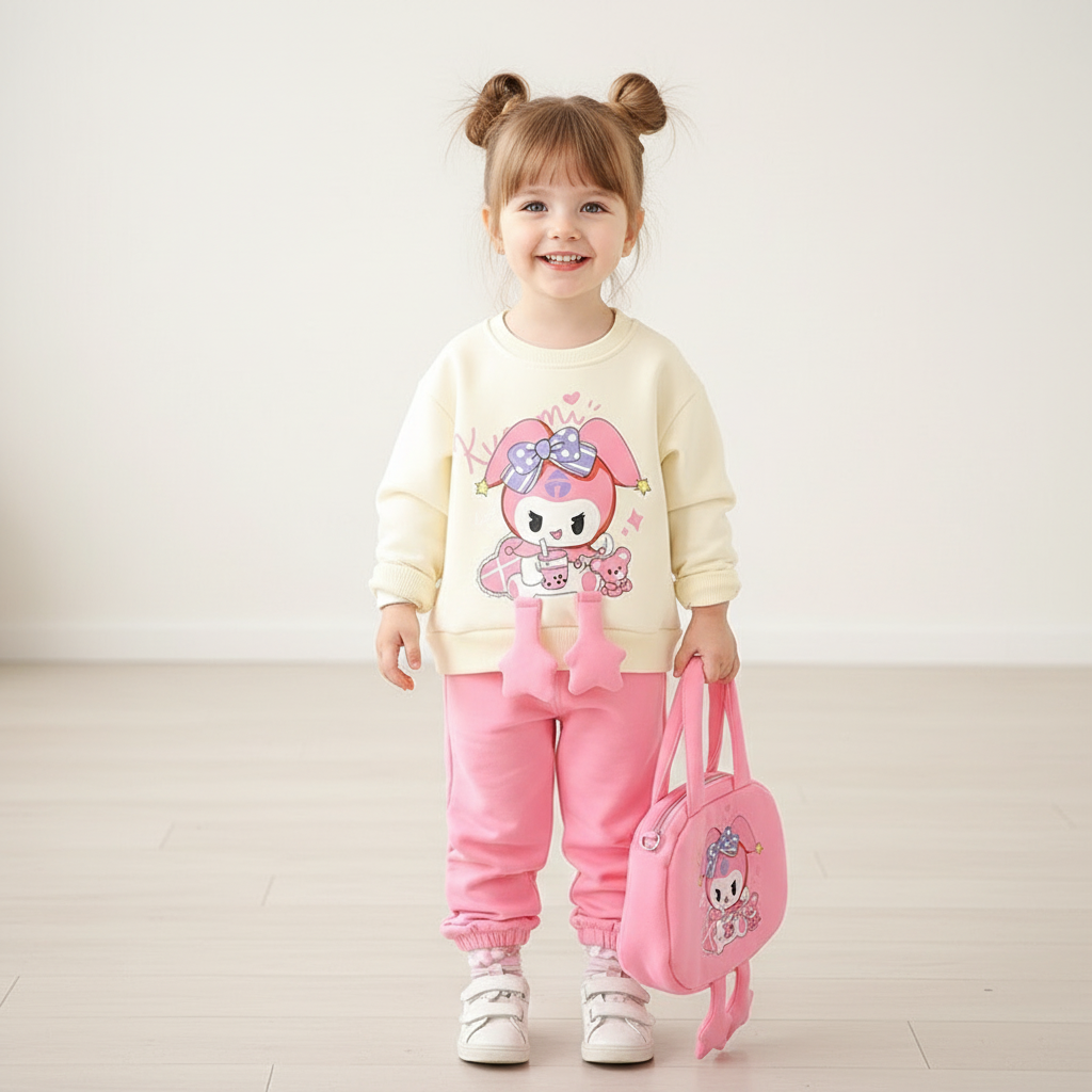 Compleu Fetite Bluza Crem si Pantaloni Roz Poppy - 3-4 ani - poza 2