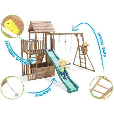 Complex de joaca BalconyFort ™ cu Monkey Bars si 2 leagane, tobogan verde 2.9 m, Dunster House - poza 4
