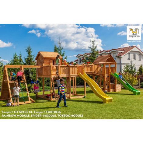 Complex de joaca din lemn cu 2 turnuri si pod, Fungoo Maxi set SPIDER LAND - poza 2
