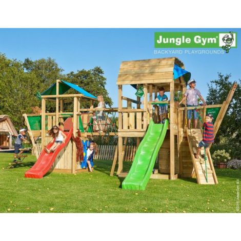 Complex de joaca din lemn cu doua turnuri si pod Jungle Gym - poza 1