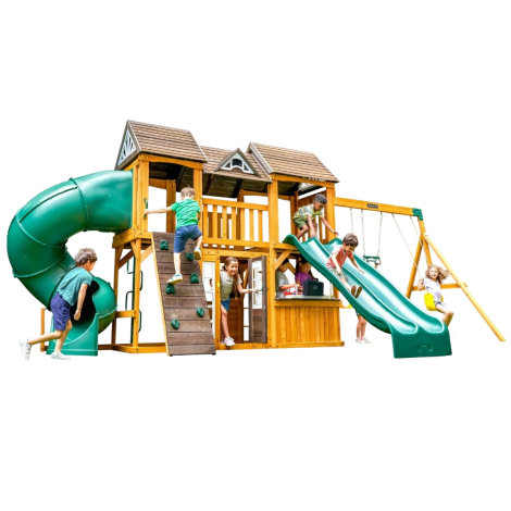 Complex de joaca din lemn, max 10 copii, 3 leagane, 3 tobogane, Adventure Bend Swing Set, Cedar Summit F29720 - poza 1