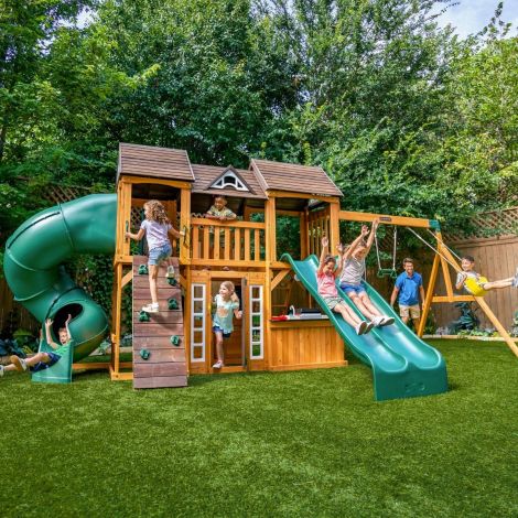 Complex de joaca din lemn, max 10 copii, 3 leagane, 3 tobogane, Adventure Bend Swing Set, Cedar Summit F29720 - poza 2
