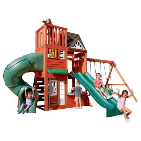 Complex de joaca din lemn, max 15 copii, 3 leagane, 3 tobogane , turn 3 etaje, Hilltop, Cedar Summit F29080 - poza 1