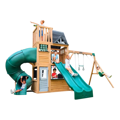 Complex de joaca din lemn, max 9 copii, 3 leagane, 3 tobogane, Summit View, Cedar Summit F29750E - poza 1