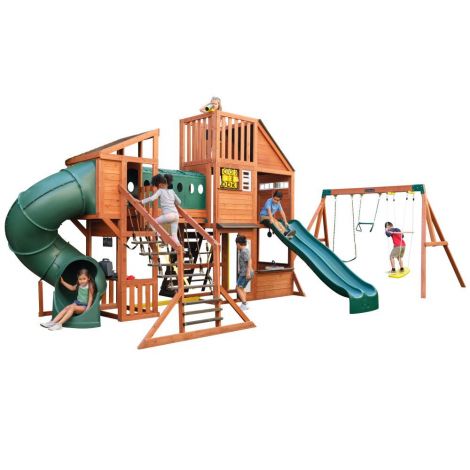 Complex de joaca din lemn Odyssey cu 3 tobogane si leagane 2 in 1 Kidkraft - poza 2