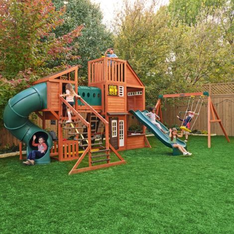 Complex de joaca din lemn Odyssey cu 3 tobogane si leagane 2 in 1 Kidkraft - poza 4