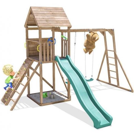 Complex de joaca FrontierFort Max cu Monkey Bars si 2 leagane, tobogan verde 2.9 m, Dunster House - poza 1
