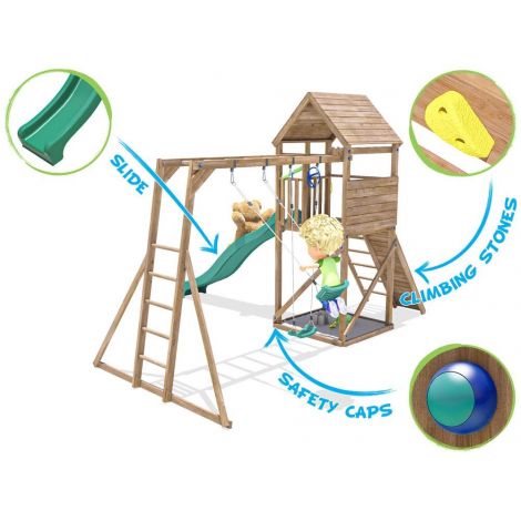 Complex de joaca FrontierFort Max cu Monkey Bars si 2 leagane, tobogan verde 2.9 m, Dunster House - poza 4