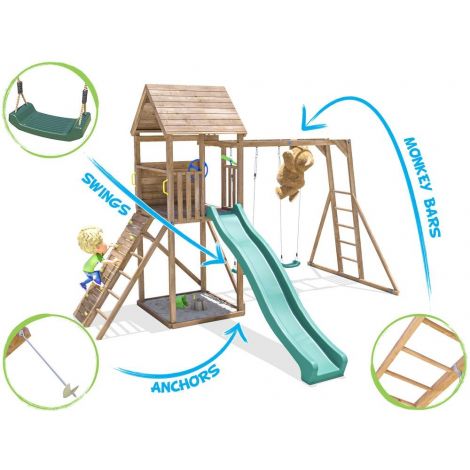 Complex de joaca FrontierFort Max cu Monkey Bars si 2 leagane, tobogan verde 2.9 m, Dunster House - poza 5
