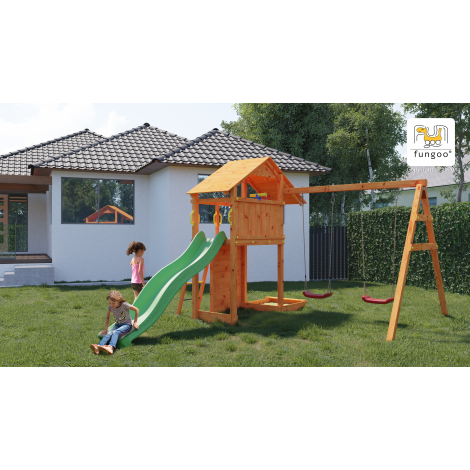 Complex joaca din lemn Smart 2 cu leagane, zid de catarat si turn Fungoo - poza 2