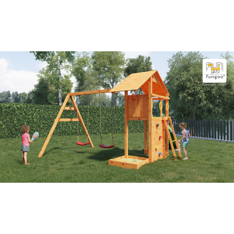 Complex joaca din lemn Smart 2 cu leagane, zid de catarat si turn Fungoo - poza 5