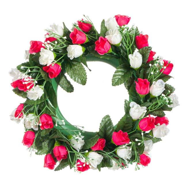 Coronita decorativa artificiala cu trandafir alb-rosu,plastic, 27 cm