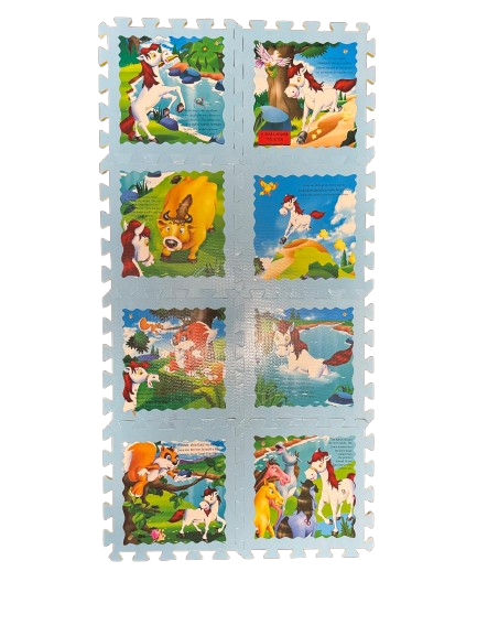Covor de joaca tip puzzle cu animale basme,spuma,multicolor,8 piese,albastru