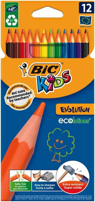 Creioane colorate lungi,extra rezistent,ecolutions,12 culori,Bic Evolution