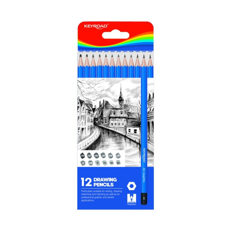 Creion grafit Keyroad B-8B HB-6H, corp hexagonal albastru, fara guma de sters, set 12 buc