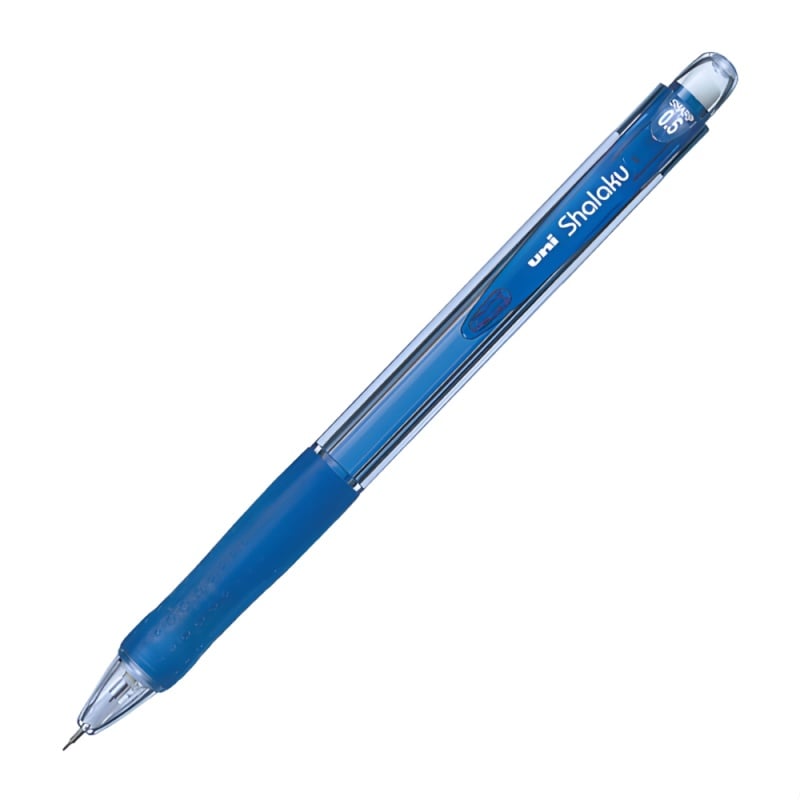 Creion mecanic UNI Shalaku M5-100, 0.5mm, grip cauciucat, cu guma de sters,corp transparent albastru