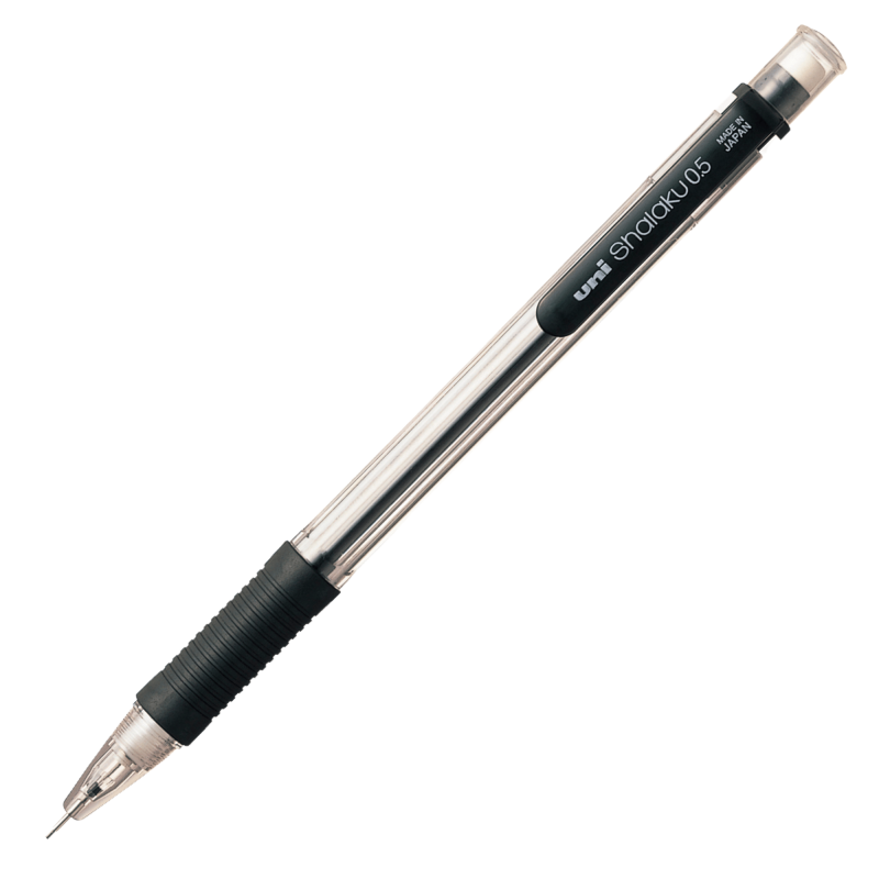 Creion mecanic UNI Shalaku M5-101, 0.5mm, grip cauciucat, cu guma de sters, corp transparent negru
