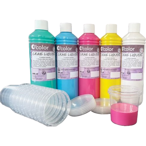 Creta lichida pentru asfalt 5 x 500 ml si 10 recipiente pentru pictura
