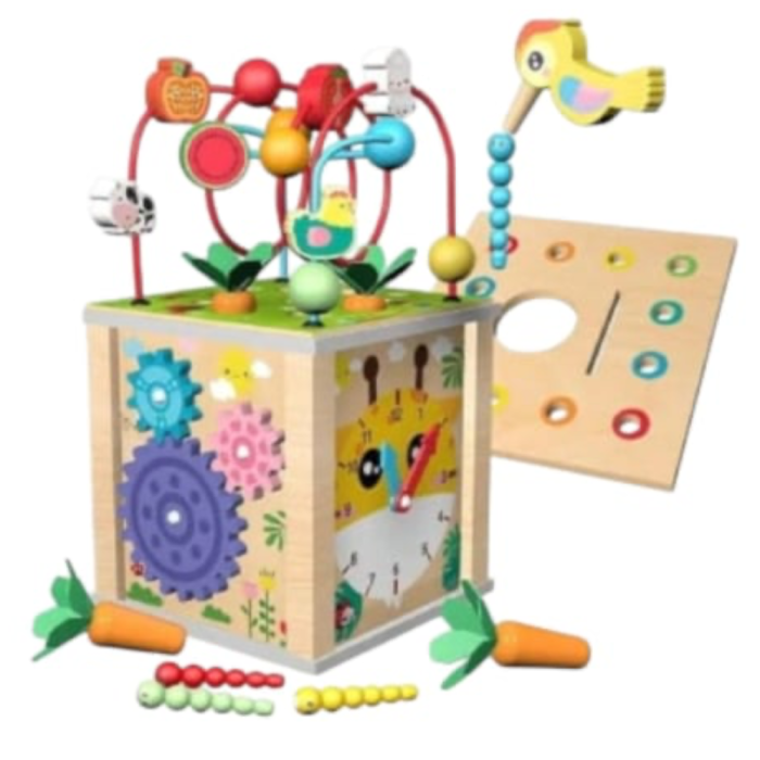 Cub Activitati Educativ Montessori 10 in 1, din lemn, Ciocanitoare si Xilofon