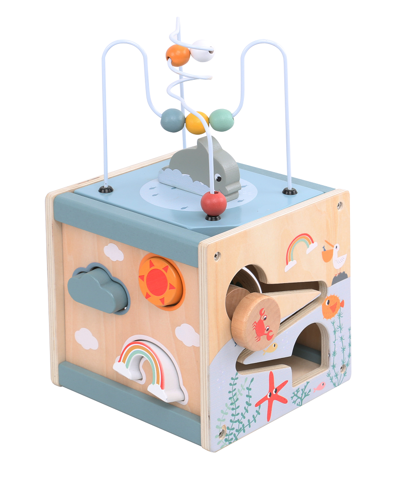 Cub educativ din lemn 6 in 1 - activitati Montessori pentru bebelusi