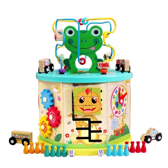 Cub interactiv 9 in 1 Montessori, Broscuta din lemn