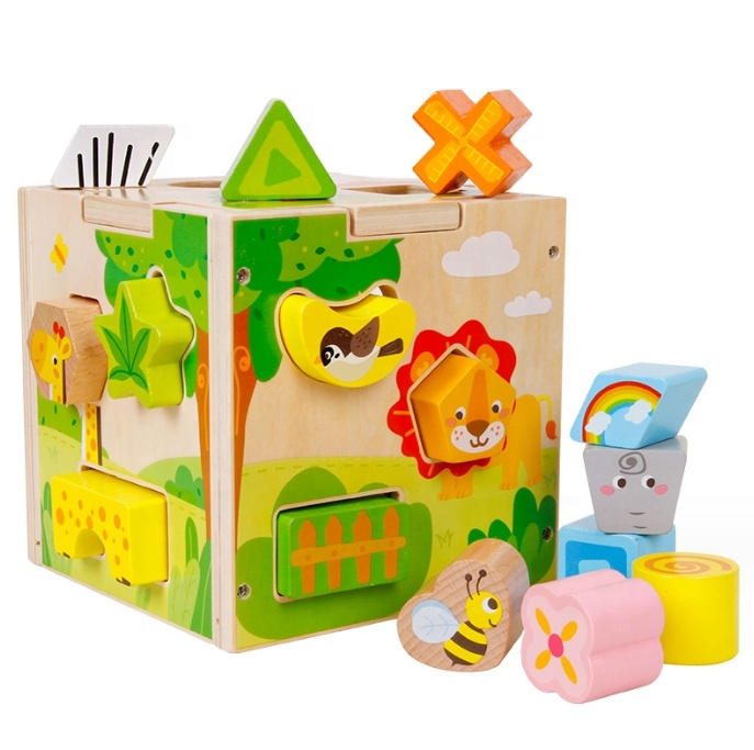 Cub Montessori din lemn cu forme geometrice si animale