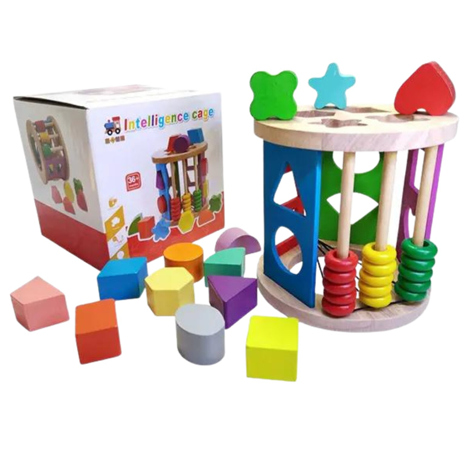 Cub naturale Montessori sortator forme geometrice din lemn 18+