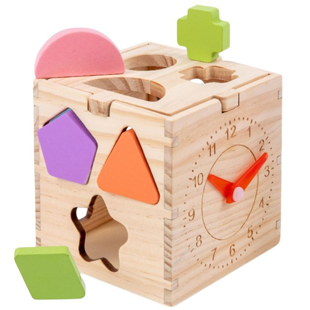 Cub sortator forme geometrice si ceas din lemn - Joc educativ 3D ZukiToys.ro