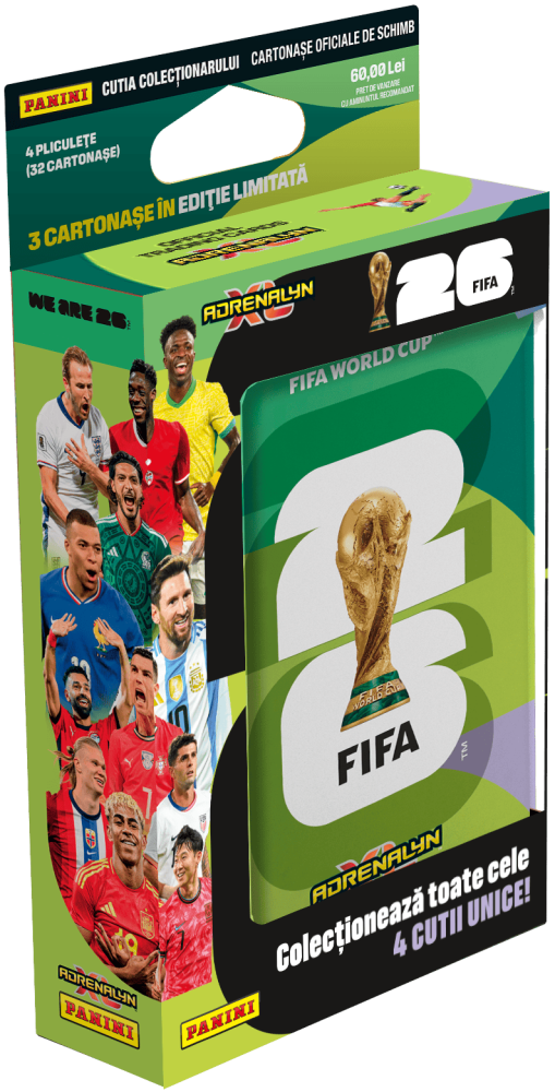 Cutie metalica Pocket Tin, Panini FIFA World Cup Adrenalyn XL 2026 cu 32 cartonase si 3 carduri