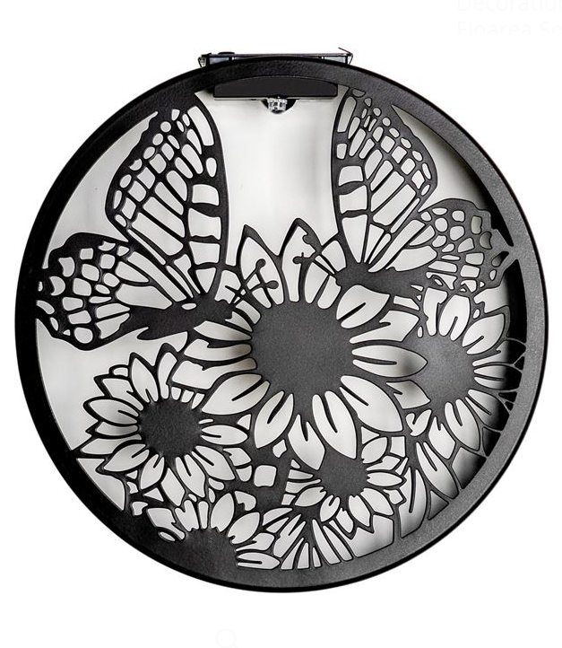 Decoratiune solara metalica neagra Floarea-soarelui si fluturi pentru exterior, O25.5 cm
