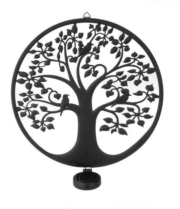 Decoratiune suspendabila solara metalica neagra Copac cu pasari, O40 cm