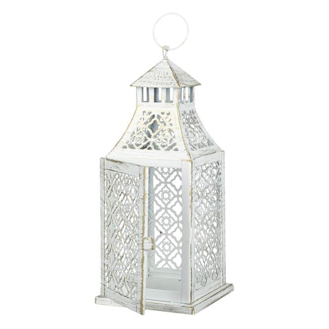 Felinar cu model perforat decorativ cu maner si usa ,metal,alb,12x12x29 cm