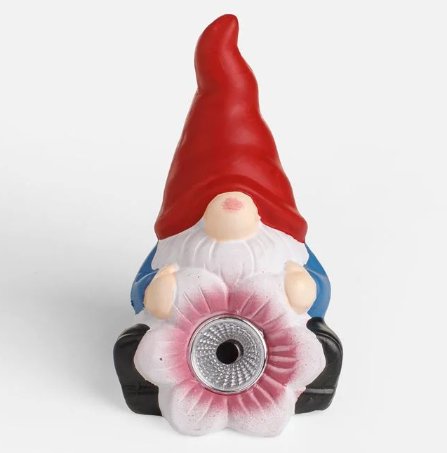 Figurina ceramica solara pitic cu floare, 9x10x17 cm