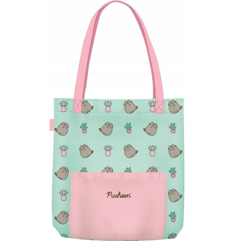 Geanta de umar St. Majewski Pusheen, verde deschis cu roz, 42x32 cm