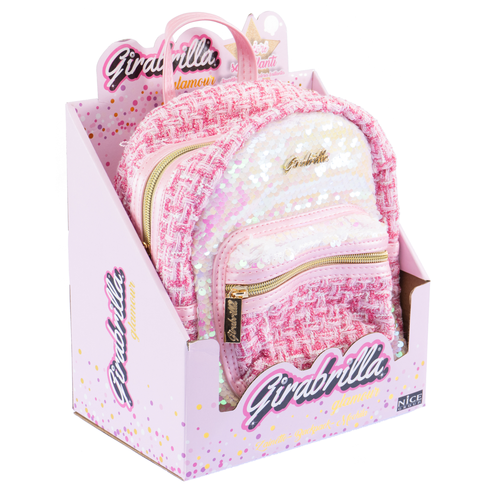 Ghiozdan Tweed Glamour Girabrilla - rucsac din material tweed cu paiete reversibile
