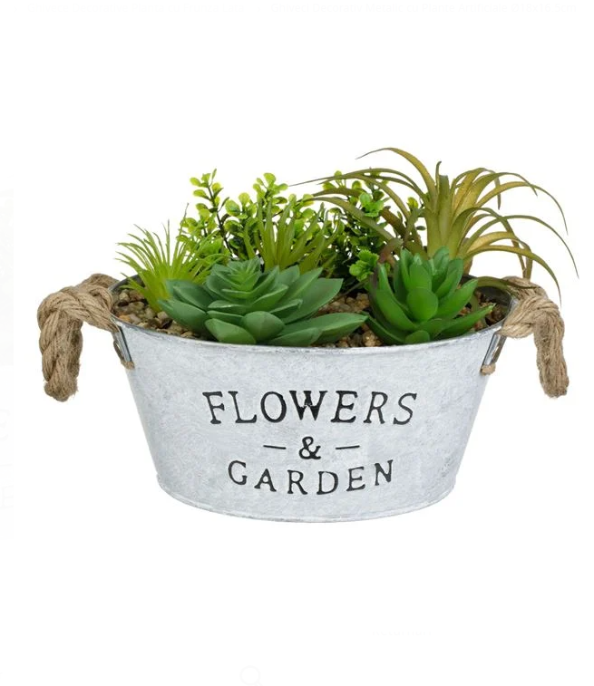 Ghiveci metalic decorativ cu plante artificiale suculente, manere iuta, O18x16.5 cm