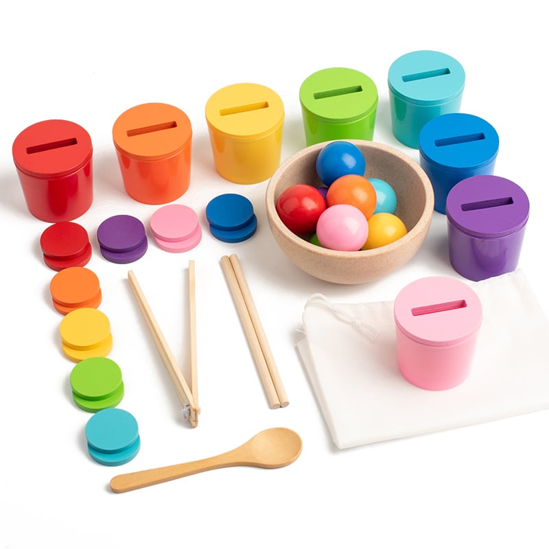 Joc educativ Montessori - sortare culori cu pahare, monede si bile